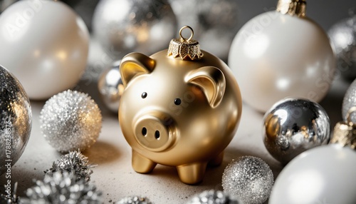 Elegant Golden Piggy Bank Surrounded by Holiday Decorations