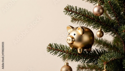 Minimalist Christmas Tree Ornament with Golden Piggy Bank Design