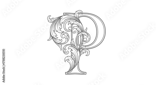 Elegant letter P intertwined with botanical foliage, ornate initial for sophisticated designs and
