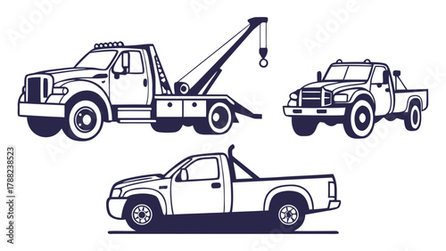 Vector Illustration of Pickup Truck, Tow Truck, and Trailer Truck Silhouettes on White Background