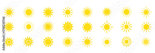 Yellow sun icon set, sunshine and solar glow, sunrise or sunset. Decorative circle full and half sun and sunlight.
