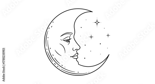 Celestial serenity a crescent moon adorned with a serene face amidst twinkling stars a timeless