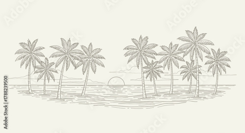 Tranquil tropical scene with sketched palm trees at sunset evoking seaside serenity