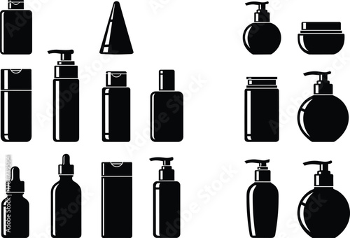 Cosmetic container icon set, toiletry silhouette, skincare packaging, cad drawing flat vector illustration collection