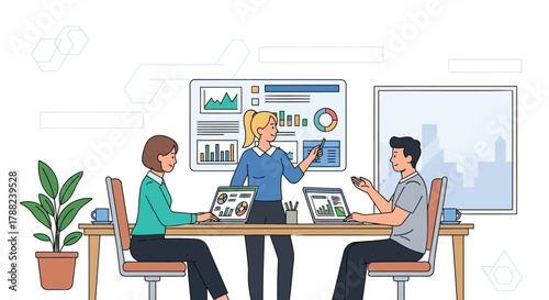 Business team collaborating in a modern office meeting room with data charts and graphs displayed on screens and a whiteboard