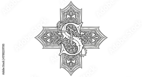Ornate Gothic cross intertwined with styled 'S' letters for logos and brand identity projects