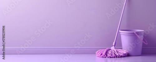 A bright purple mop stands beside a matching bucket on a smooth floor. The lilac wall adds warmth to the clean, organized area, creating a cheerful atmosphere for cleaning tasks