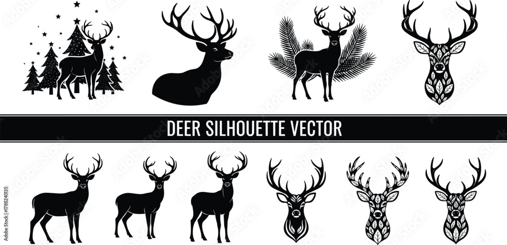 Naklejka premium Deer silhouette vector set, antler icon, forest animal, decorative head, cad drawing flat illustration