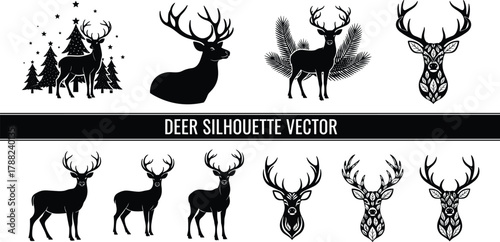 Deer silhouette vector set, antler icon, forest animal, decorative head, cad drawing flat illustration