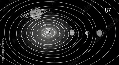 Conceptual illustration of planetary orbits, planets and their paths in a solar system depiction