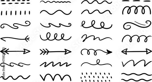 Arrows, lines, doodles, sketch, hand-drawn, vector, decorative, curved, straight, spiral, dashed, zigzag, wavy, icons, direction, movement, design, creative, annotation, set