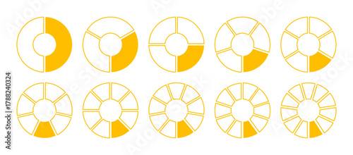 Tableau sur toile Wheel round yellow divided diagrams with two, three, four, five, six, seven, eight, nine, ten, eleven segments