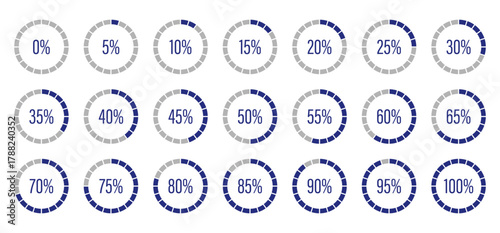 Dark blue progress bars. Template of blue and gray color fill pie charts indicator. Circle diagrams icons for infographics from 0 to 100 percent. Round graph loading progress set. Round percentage.