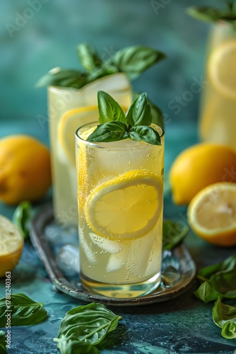 Enjoy a refreshing drink made with lemon slices and basil leaves, perfectly served in tall glasses on a decorative tray. Fresh lemons and basil complete the vibrant scene