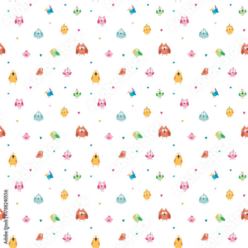 Cute birds seamless pattern. Cute Cartoon birds background. Vector Illustration.