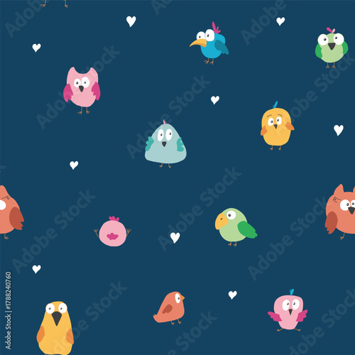 Cute birds seamless pattern. Cute Cartoon birds background. Vector Illustration.