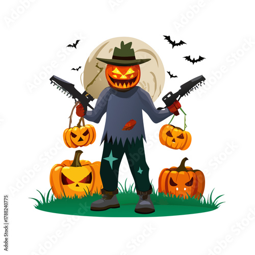 Spooky Halloween scene with menacing pumpkin-headed scarecrow monster holding chainsaw, surrounded by carved jack-o'-lanterns
