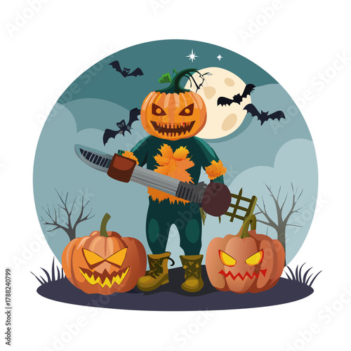 Spooky Halloween scene with menacing pumpkin-headed scarecrow monster holding chainsaw, surrounded by carved jack-o'-lanterns
