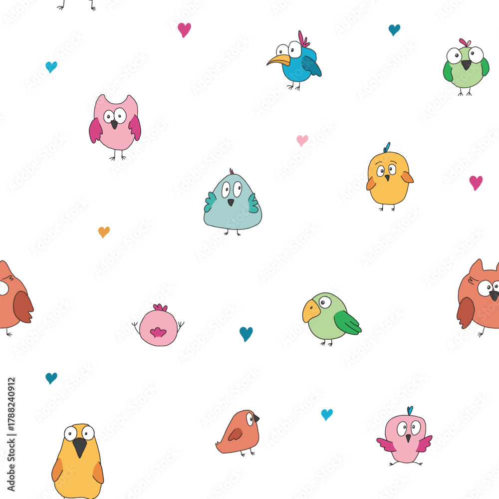Fototapeta premium Cute birds seamless pattern. Cute Cartoon birds background. Vector Illustration.