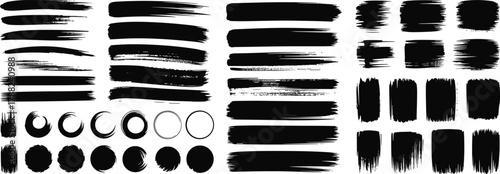 Brush stroke set, black ink texture, abstract paint marks, circular strokes, rough edges, grunge design, vector art, creative elements