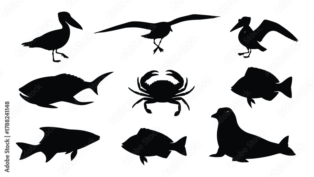 Fototapeta premium Collection of marine animal silhouettes isolated on white background, Vector