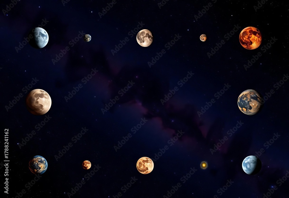 Fototapeta premium Celestial bodies arranged in a symmetrical grid against a dark nebula backdrop, cosmic dust, cosmic