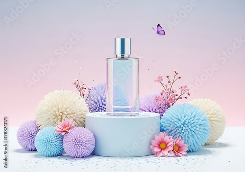 A clear glass bottle of cosmetic product with fluffy pastel pom poms and flowers, with a butterfly flying nearby