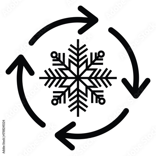 Black outline icon featuring a detailed snowflake centered within four rotating circular arrows. Represents cooling, recirculation, freezing cycle, or air conditioning system settings. Isolated vector