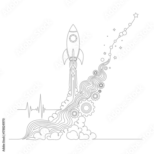 Monochrome rocket ascent line art: a visualization of technical progress and ambition