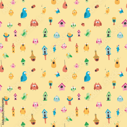 Cute birds and their birdhouses seamless pattern. Cute Cartoon birds background. Vector Illustration