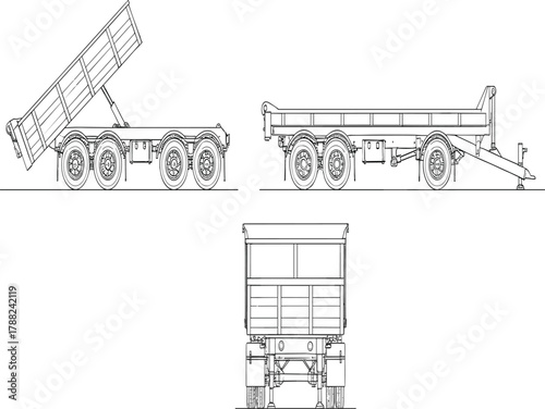 Dump trailer, hydraulic lift, cargo transport, engineering sketch, cad drawing flat vector blueprint illustration setDump trailer, hydraulic lift, cargo 