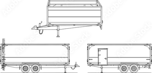 Dual-axle trailer, engineering sketch, cargo transport, logistics vehicle, cad drawing flat vector blueprint illustration