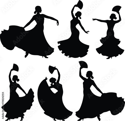 Dancer silhouette art, traditional dance pose, black ink illustration, fan dance movement, cultural performance, elegant style, expressive motion, graceful figure
