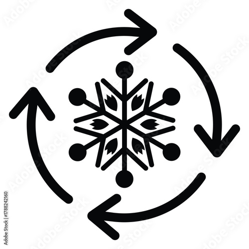 Black outline icon featuring a detailed snowflake centered within four rotating circular arrows. Represents cooling, recirculation, freezing cycle, or air conditioning system settings. Isolated vector