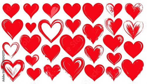 A collection of red hearts in various styles, brush strokes, and sizes, arranged on a white background