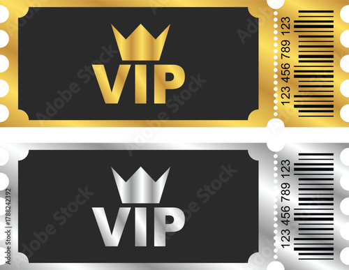 Two vip tickets in gold and silver with crown and barcode on white background for special access pass