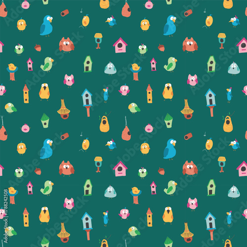Cute birds and their birdhouses seamless pattern. Cute Cartoon birds background. Vector Illustration