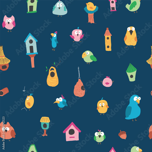 Cute birds and their birdhouses seamless pattern. Cute Cartoon birds background. Vector Illustration