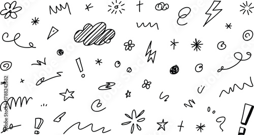 Whimsical doodle sketch, hand drawn symbols, black ink illustration, abstract shapes, expressive icons, playful design, comic style, decorative elements