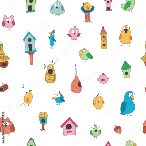 Cute birds and their birdhouses seamless pattern. Cute Cartoon birds background. Vector Illustration
