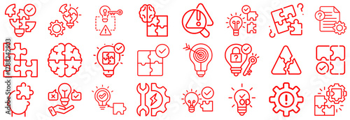 Collection of Red Line Icons Representing Problem Solving and Ideas