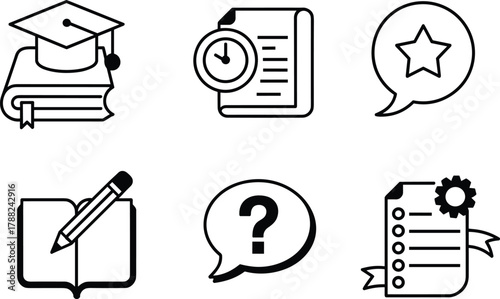 Educational icon set, academic symbols, black white illustration, learning tools, school elements, study concept, flat design, vector graphic, UI icons