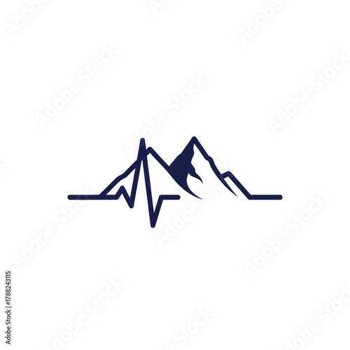 Minimalist mountain landscape silhouette with heartbeat pulse symbolizing adventure and wellness