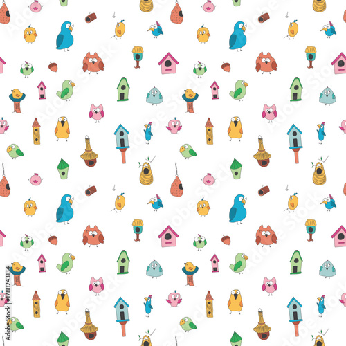 Cute birds and their birdhouses seamless pattern. Cute Cartoon birds background. Vector Illustration