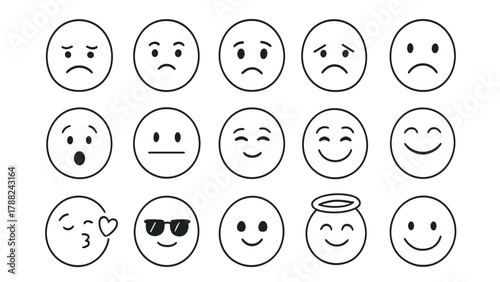 Minimal Line Emoji Faces Vector Set | Simple Outline Emoticons Collection