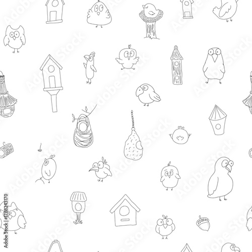 Cute birds and their birdhouses seamless pattern. Cute Cartoon birds background. Vector Illustration