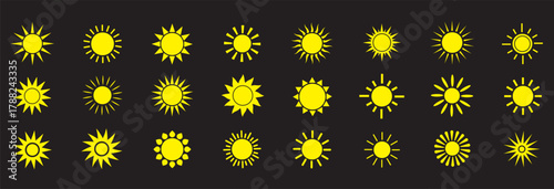 Yellow sun icon set, sunshine and solar glow, sunrise or sunset. Decorative circle full and half sun and sunlight.