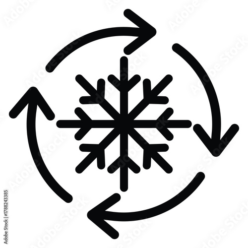 Black outline icon featuring a detailed snowflake centered within four rotating circular arrows. Represents cooling, recirculation, freezing cycle, or air conditioning system settings. Isolated vector