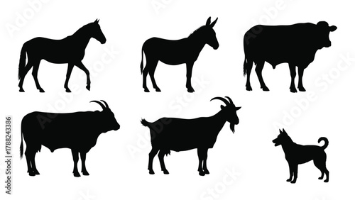 Domestic and farm animal silhouettes collection isolated on white background, Vector
