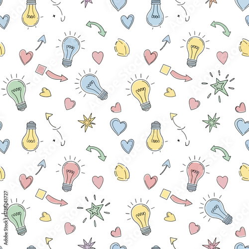 Conceptual creativity doodles: A playful idea generation pattern on clean white background